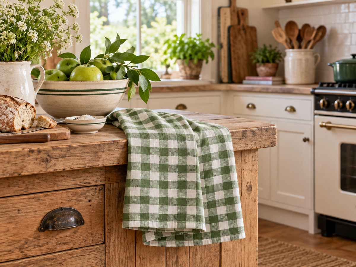 French Linen Tea Towel | Heritage Green Gingham