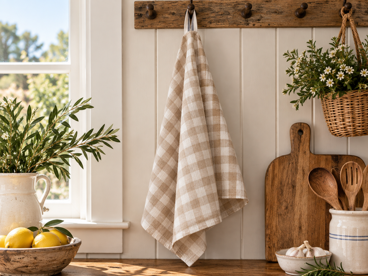 French Linen Tea Towel | Bondi Sand Gingham
