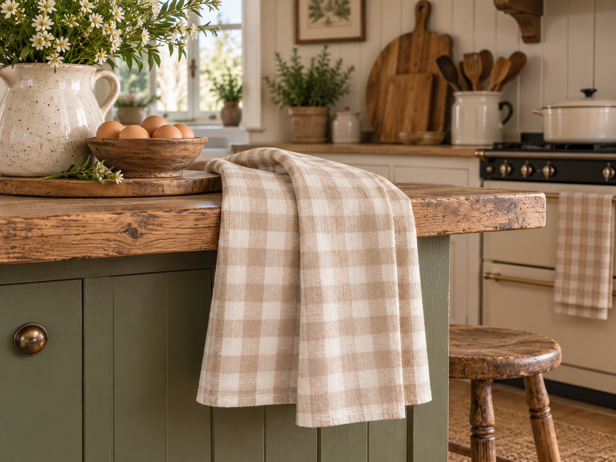 French Linen Tea Towel | Bondi Sand Gingham