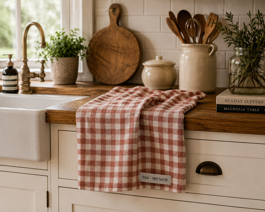 French Linen Tea Towel | Bush Rose Gingham