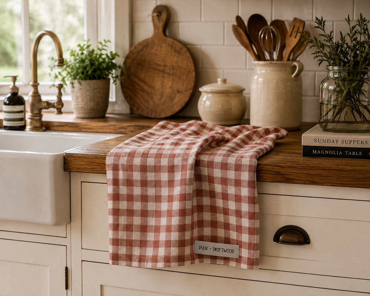 French Linen Tea Towel | Bush Rose Gingham