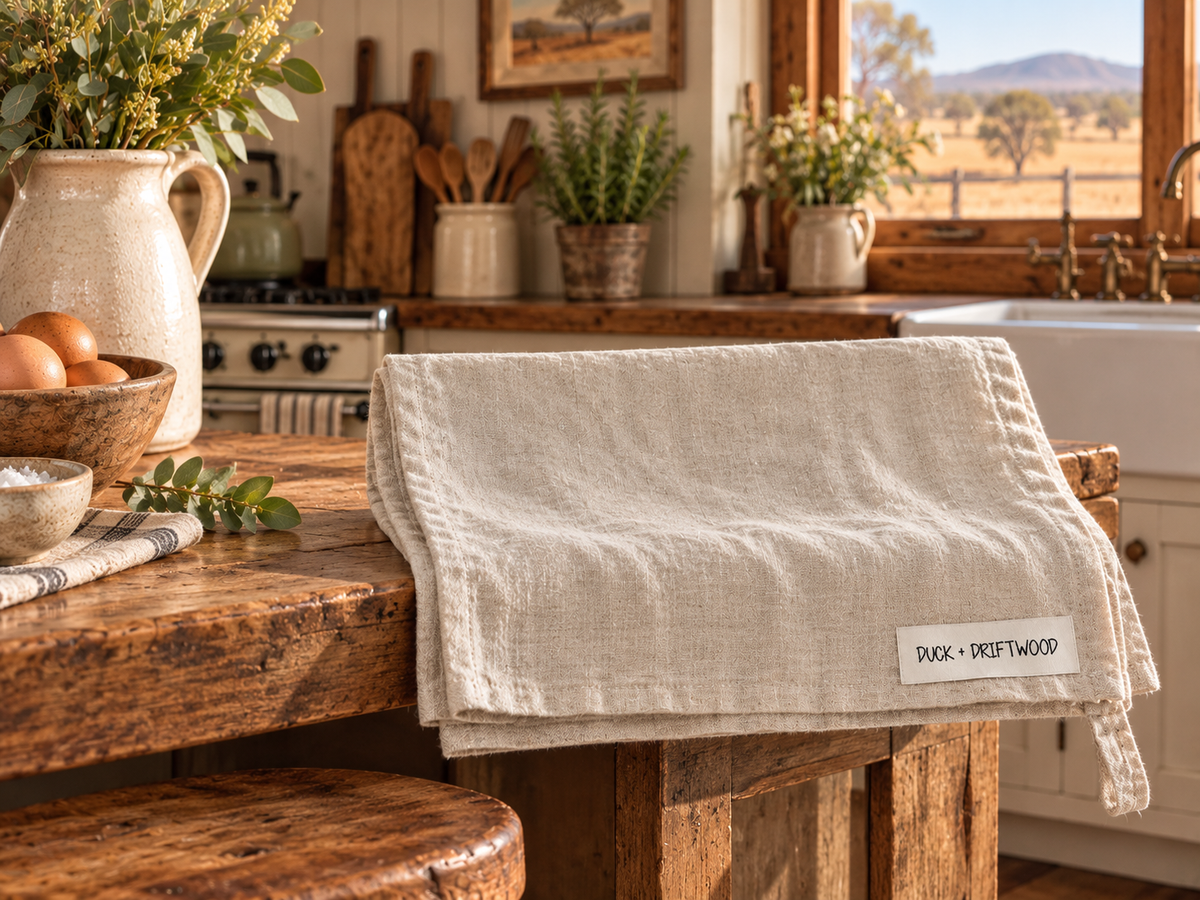 Pure French Linen Tea Towels in plain natural Bondi Sand Plains by Duck and Driftwood Australia 