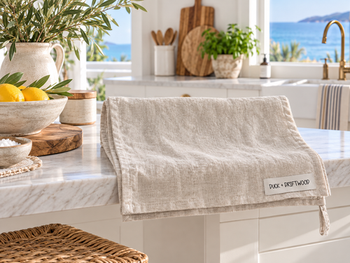 Pure French Linen Tea Towels in plain natural Bondi Sand Plains by Duck and Driftwood Australia 