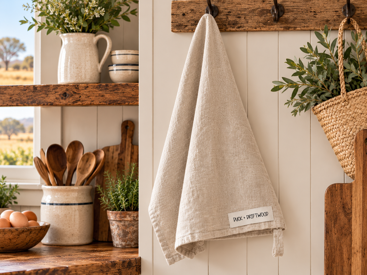 Pure French Linen Tea Towels in plain natural Bondi Sand Plains by Duck and Driftwood Australia 