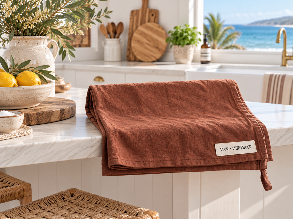 Pure french linen tea towels in ironbark dark brown by Duck and Driftwood Australia