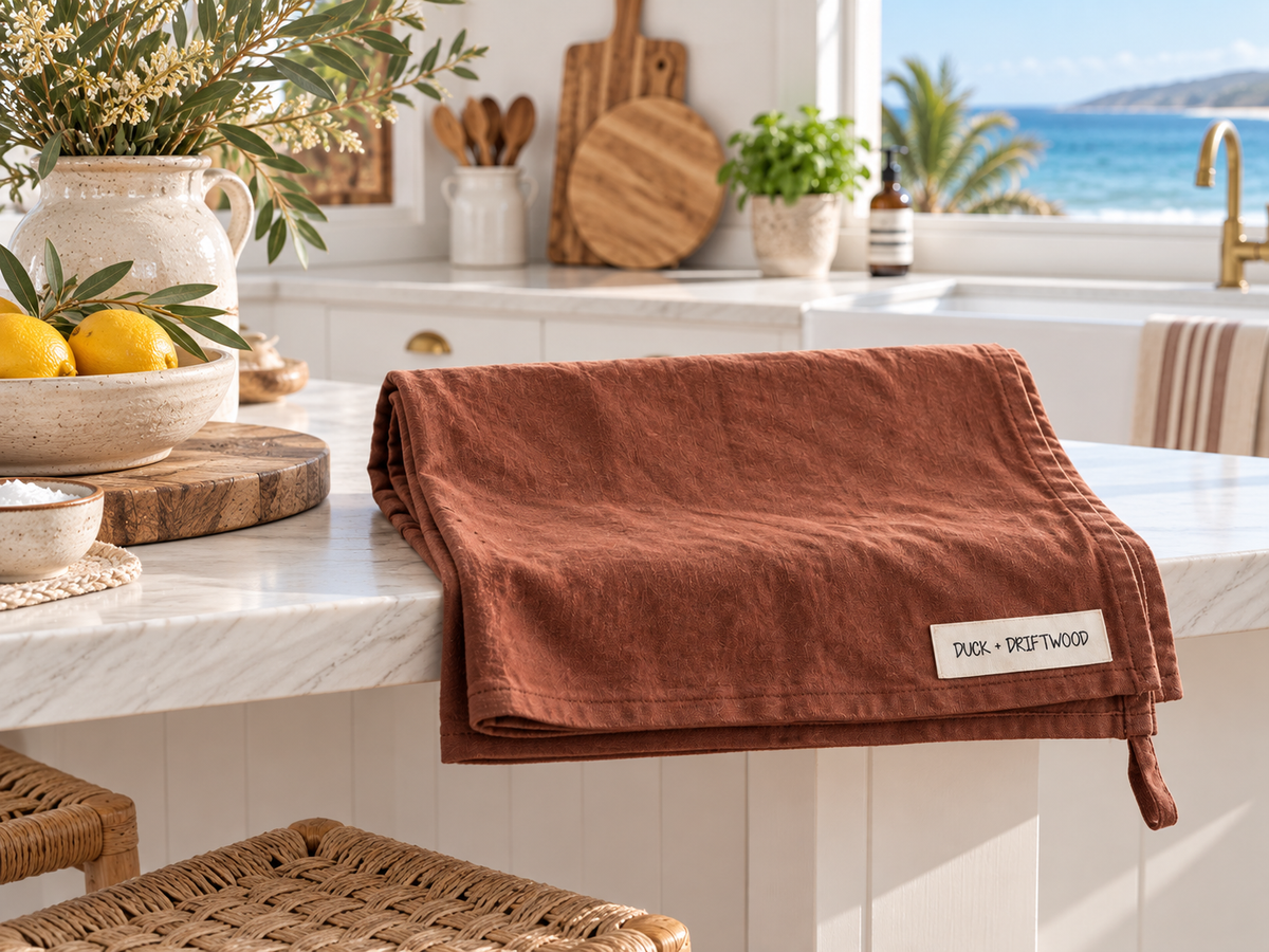 Pure french linen tea towels in ironbark dark brown by Duck and Driftwood Australia