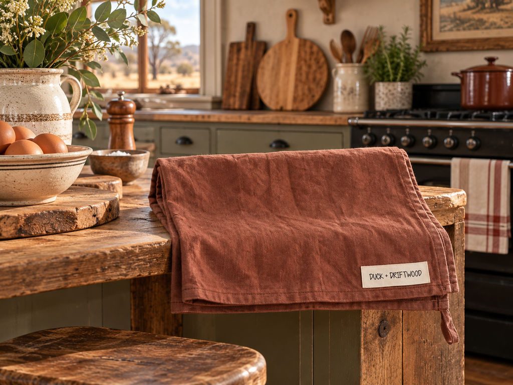 Pure french linen tea towels in ironbark dark brown by Duck and Driftwood Australia