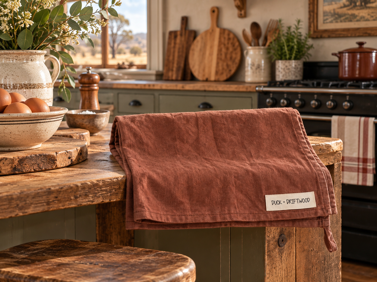 Pure french linen tea towels in ironbark dark brown by Duck and Driftwood Australia