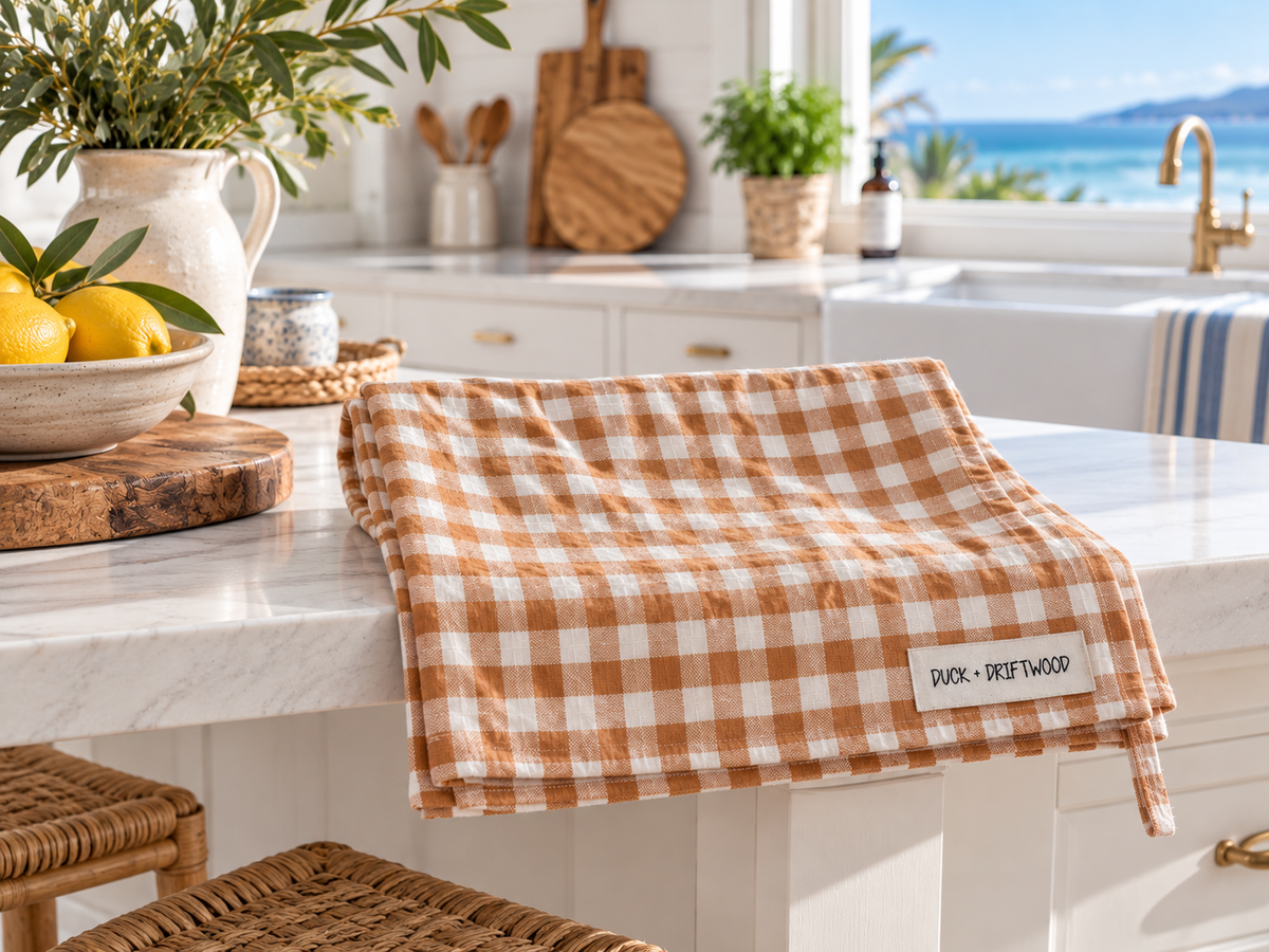 Pure French Linen Tea Towels in Outback Caramel Gingham by Duck and Driftwood Australia