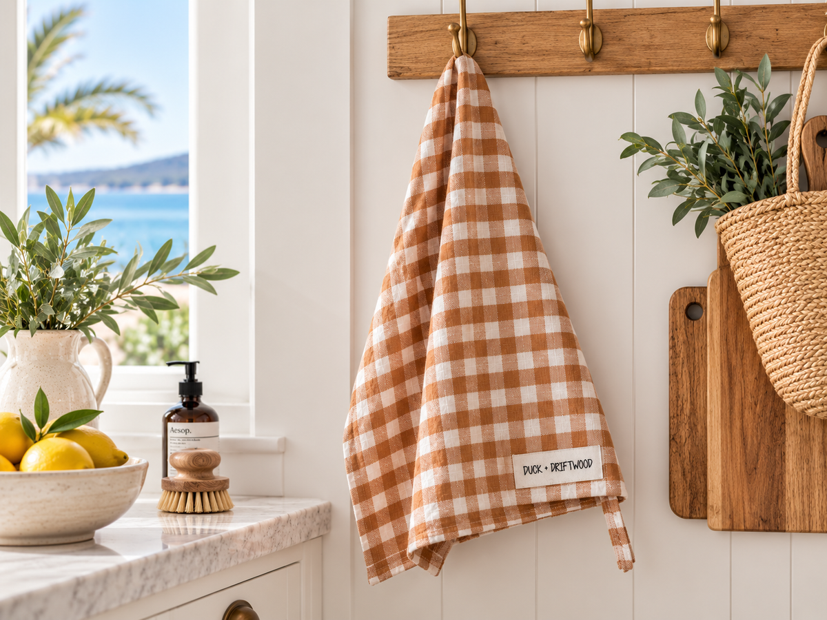 Pure French Linen Tea Towels in Outback Caramel Gingham by Duck and Driftwood Australia