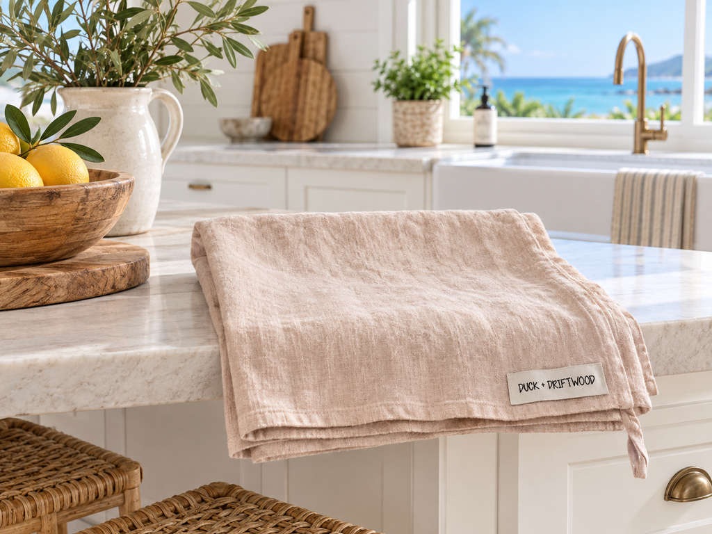 French Linen Tea Towel Pink Salt Plains Duck and Driftwood Australia