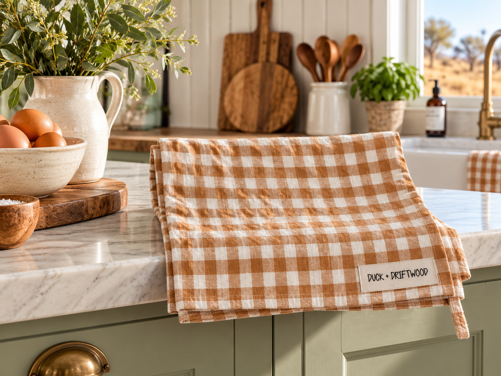 Pure French Linen Tea Towels in Outback Caramel Gingham by Duck and Driftwood Australia